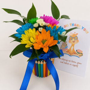 Teacher gift set with colourful pencil vase, fresh flowers and thank you card
